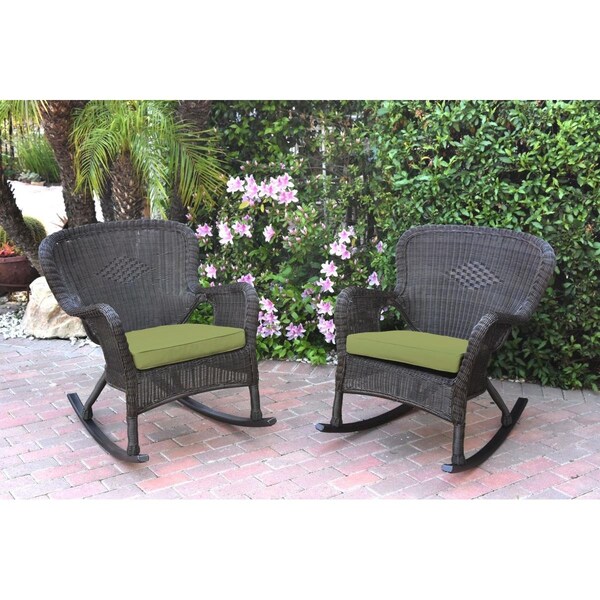 Jeco W00215-R-2-FS029 Windsor Espresso Resin Wicker Rocker Chair with Green Cushion, 2PK W00215-R_2-FS029 - main